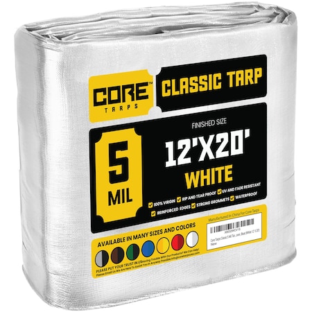 Core Tarps Heavy Duty Tarp, 20 ft L x 0.5 mm H x 12 ft W, 5 Mil, White, Polyethylene CT-504-12X20